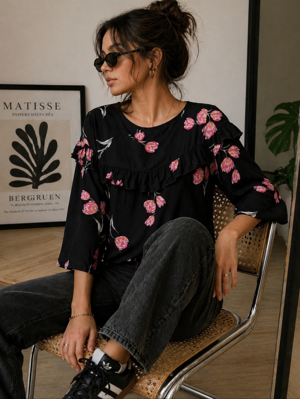 Jacqueline De Yong | Black Floral Ruffle-Trim Women's Blouse, Size 40